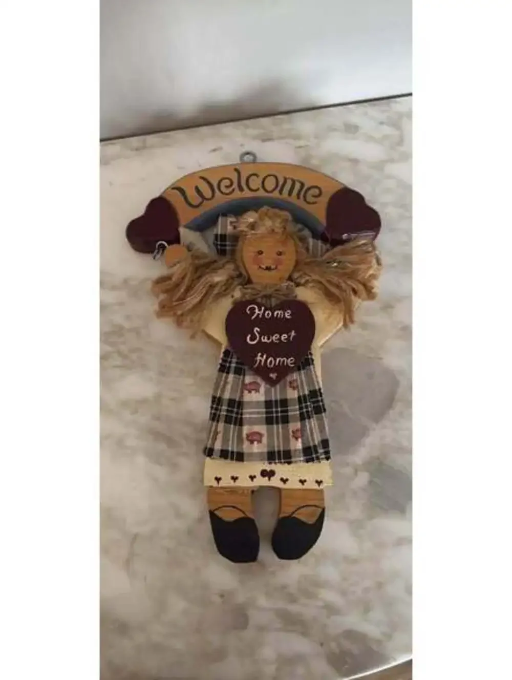 Vintage folk art wooden doll Welcome Home Sweet Home wall hanging